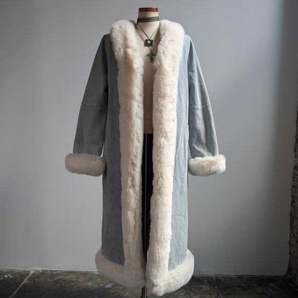 Y2K Faux Fur Penny Lane Afghan Coat Denim Trench Coat 90s Boho Jean Jacket Med - Picture 2 of 8